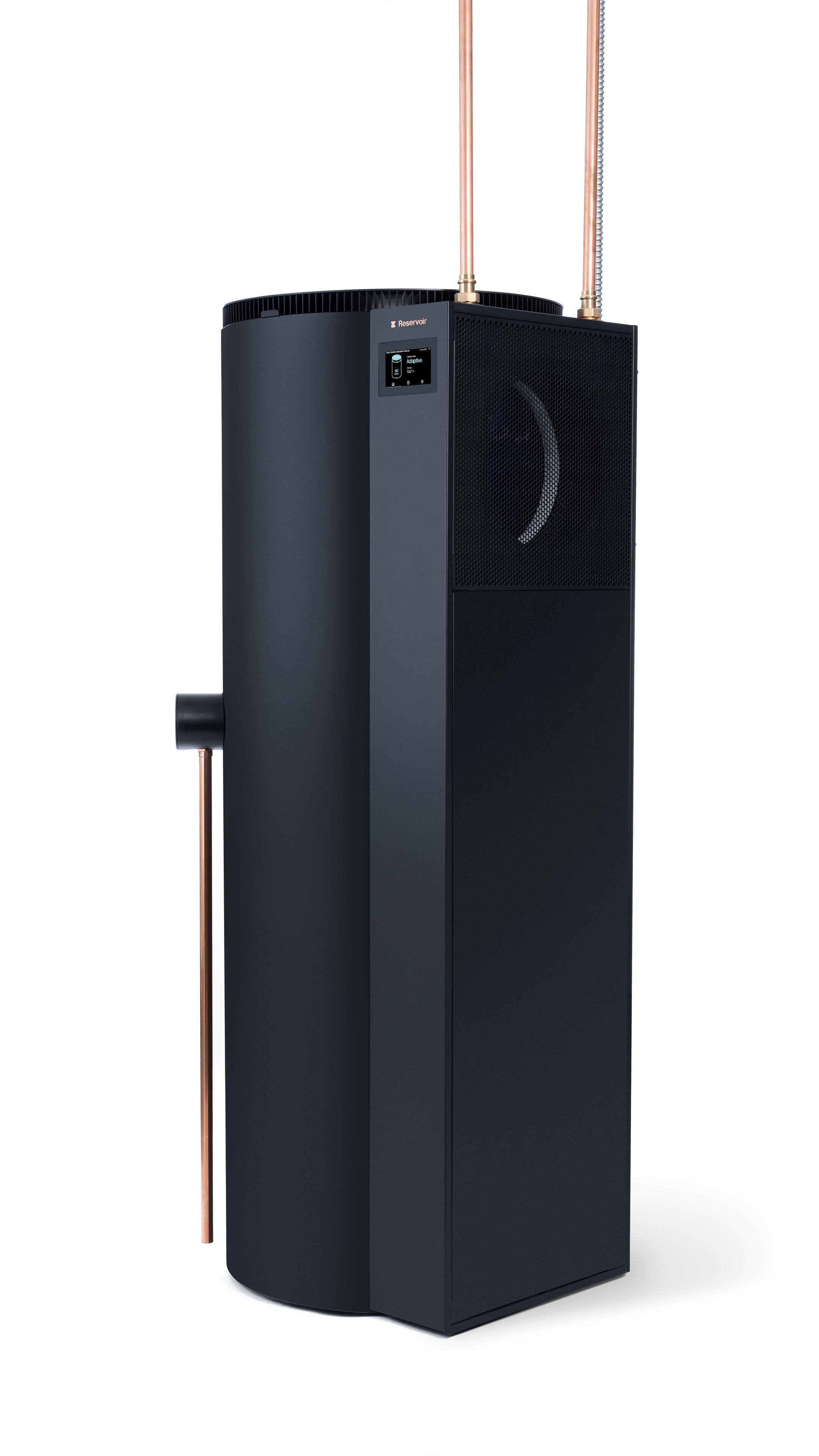 The Reservoir smart heat pump water heater, side view
